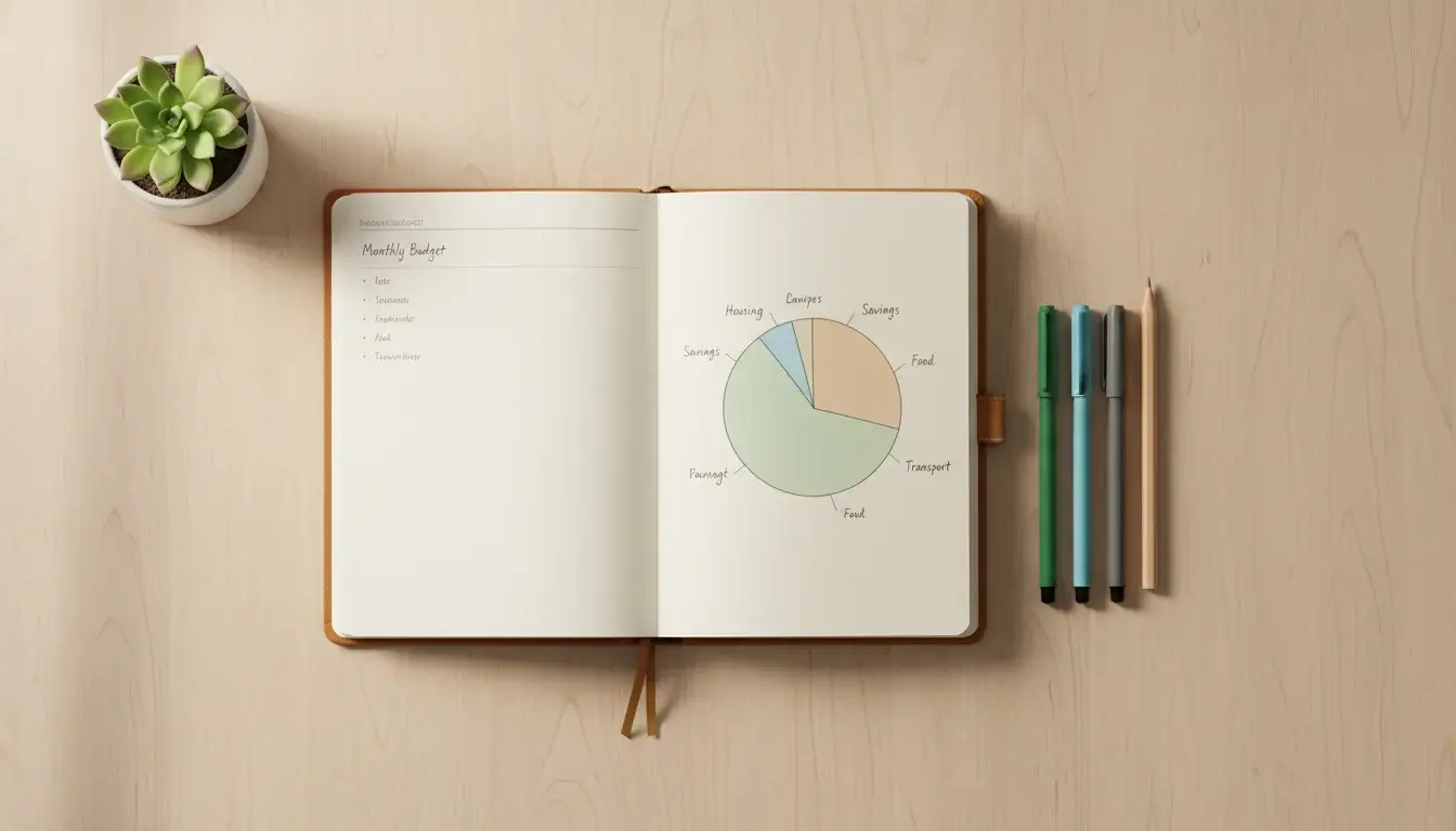 Notitieboek met budget planning en pennen op houten bureau