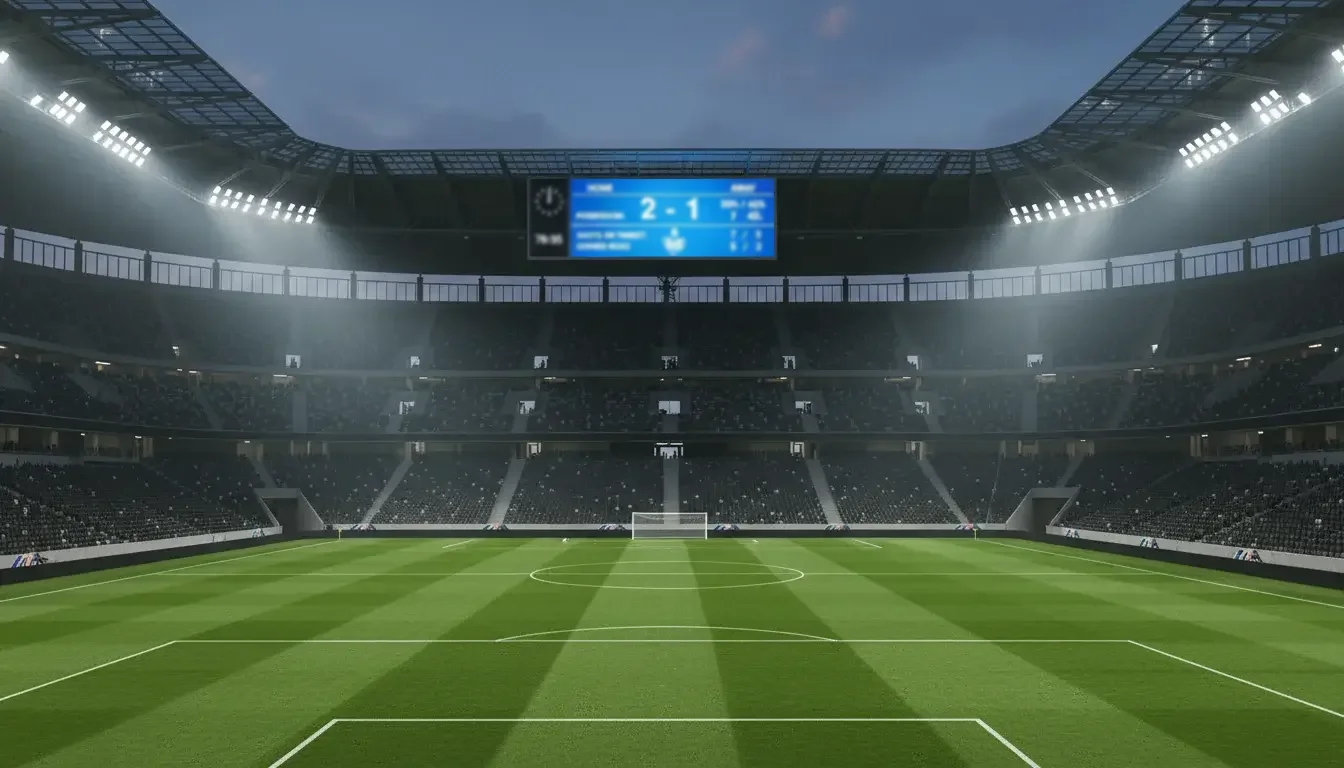 Scorebord met wedstrijdstatistieken en quoteringen op voetbalveld