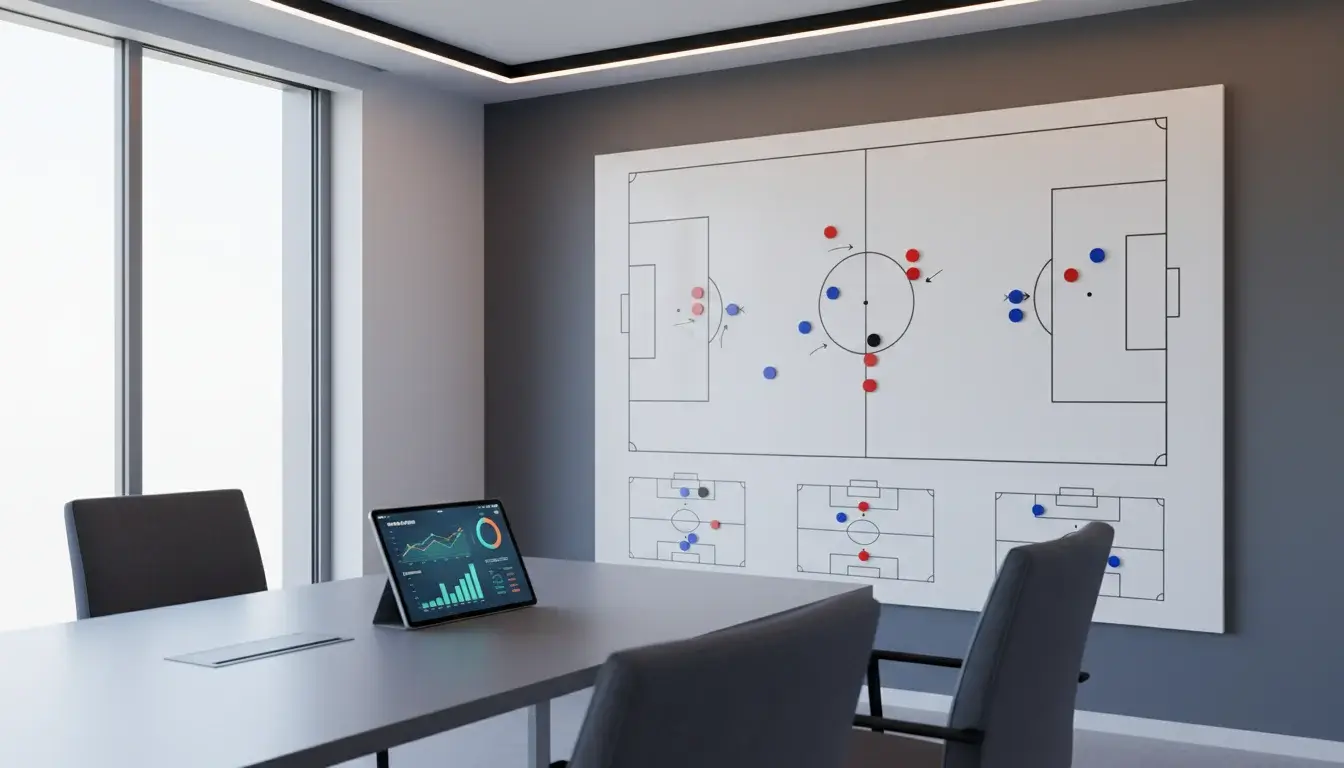 Voetbalcoach bestudeert tactiekbord met spelersstatistieken